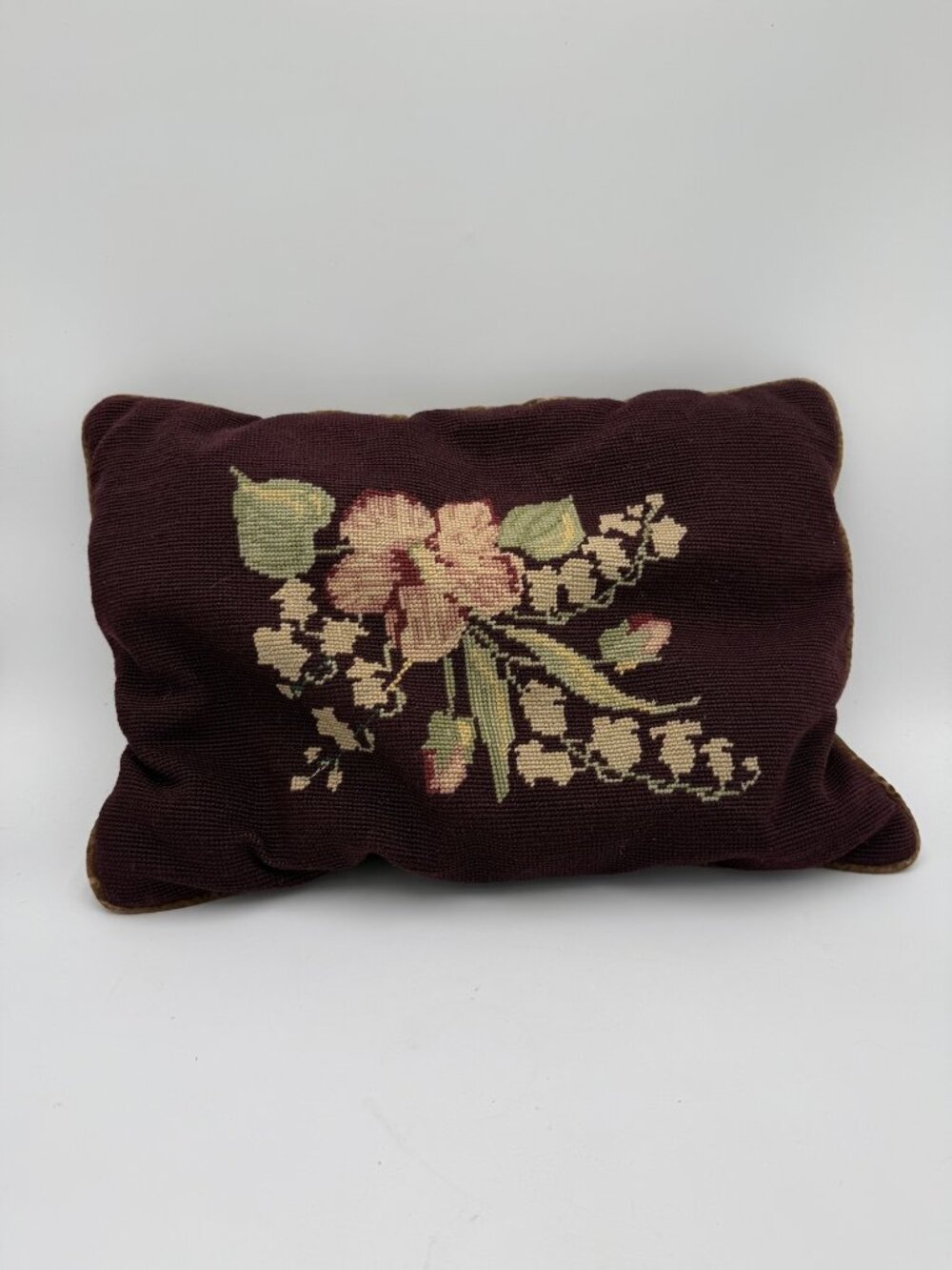 Vintage Needlepoint Floral Pillow Velvet Backing Burgundy cottagecore grandmacor